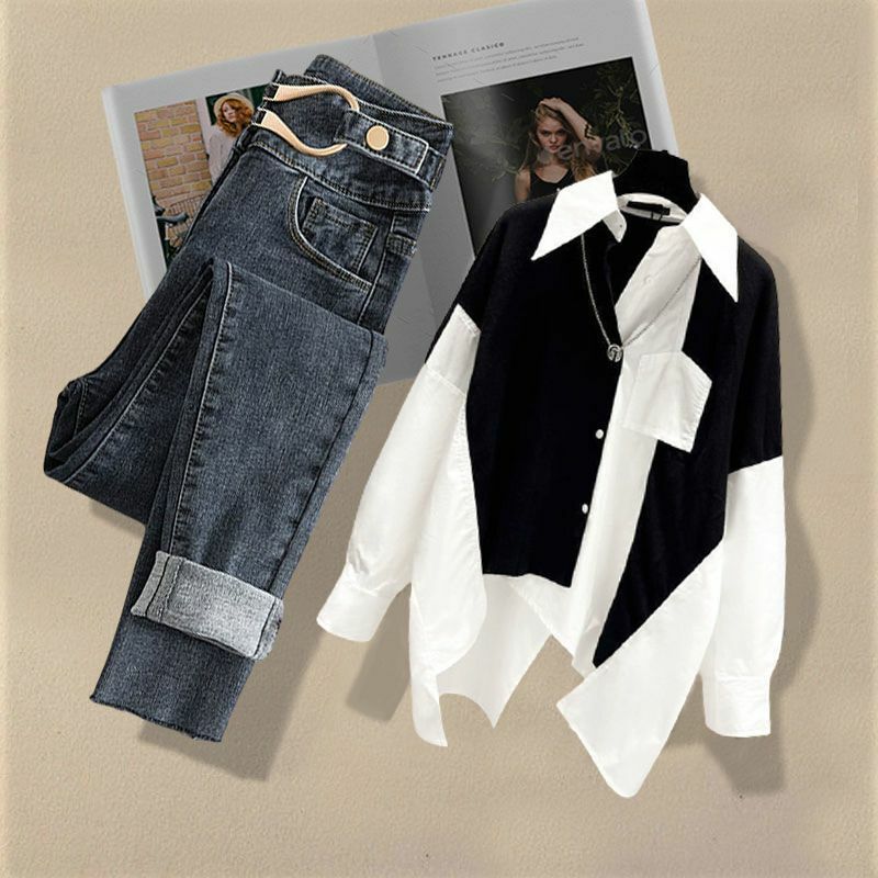 Женский костюм из двух предметов, рубашка и джинсы в западном стиле, весна-осень 2023