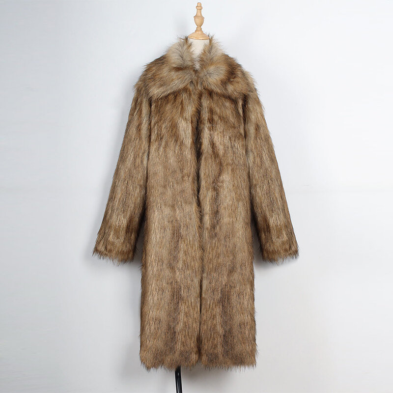 Abrigo de piel sintética de Color Natural para mujer, Chaqueta larga gruesa y cálida, mullida gabardina, abrigos y chaquetas de piel de mapache para hombre, Invierno