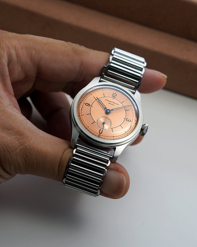 Часы Pierre Paulin с циферблатом лосося, 50 м, часы для дайвинга с изображением кожи, винтажные маленькие механические наручные часы с секундой, 38 мм, мужские металлические часы