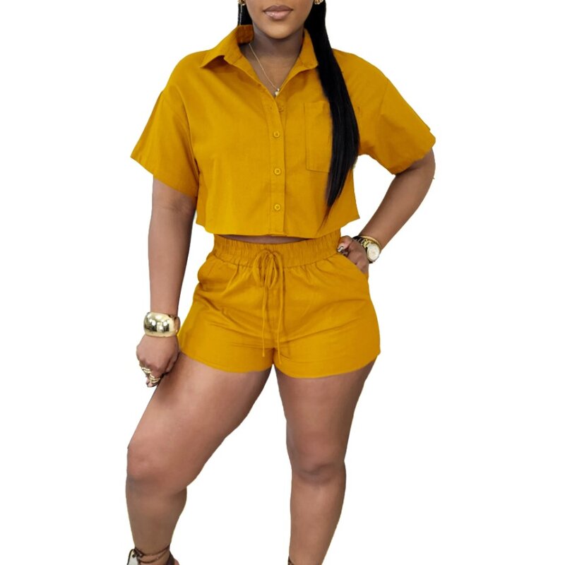 Africa Clothing S-3XL 2 Pieces African Clothes for Women Summer Fashion Short Sleeve V-neck Top Short Pant Matching Sets Outfits