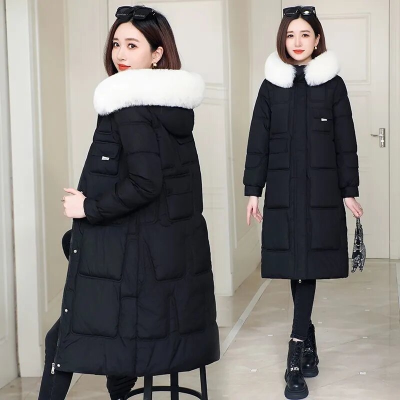 Winter 2023 New Down Cotton-Padded Jacket Women's Long Over-The-Knee Coat  Warm Slim  Hooded Casual Fashion Zipper Outcoat