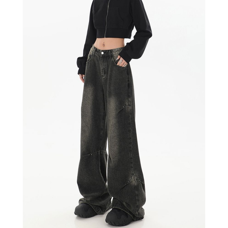 กางเกงยีนส์สีดำเอวสูงสำหรับผู้หญิงกางเกงขาบาน Y2K แนวสตรีทสไตล์ฮิปฮอปแฟชั่นวินเทจกางเกงยีนส์2024
