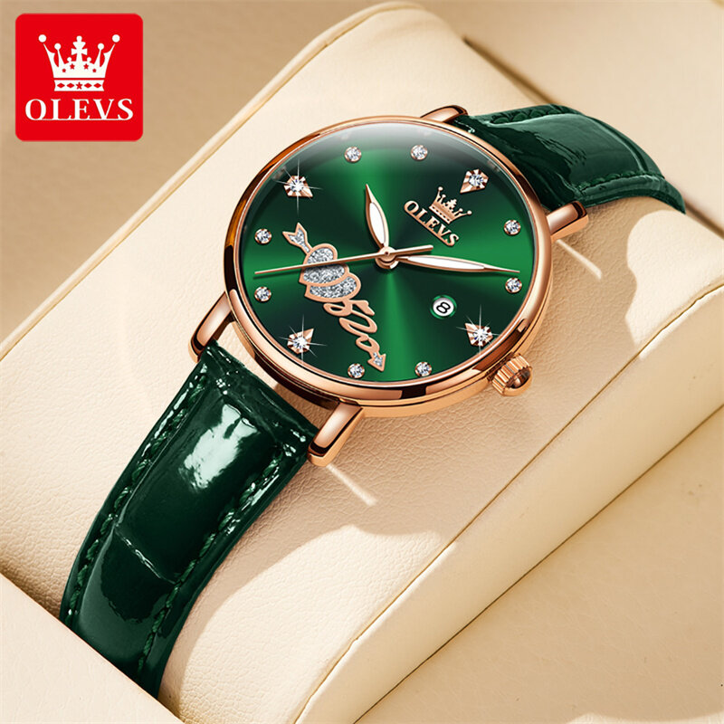 OLEVS Brand Luxury Diamond Quartz Watch Women Fashion Green Leather Strap Waterproof Calendar  Watches Womens Relogio Feminino
