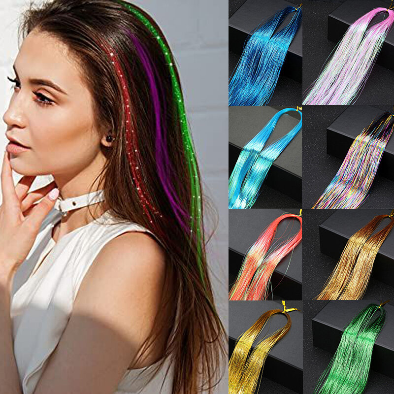 Long Sparkle Hair Tinsel Rainbow Shiny Silk Hair trefoli Extensions Dazzles Women Hippie for intrecciare il copricapo Glitter Strips