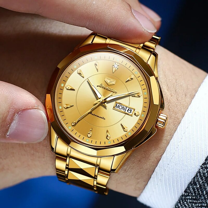 JSDUN Relógios mecânicos masculinos, pulseira de aço inoxidável impermeável, relógios de pulso dourados, data relógio automático, genuíno, original