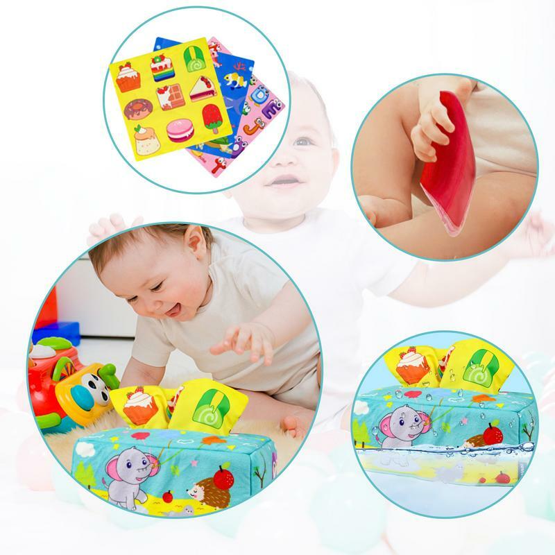 Caja de pañuelos de juguete para bebés, juguetes sensoriales Montessori suaves para bebés, con 8 bufandas coloridas y 3 papeles arrugados, juguetes educativos