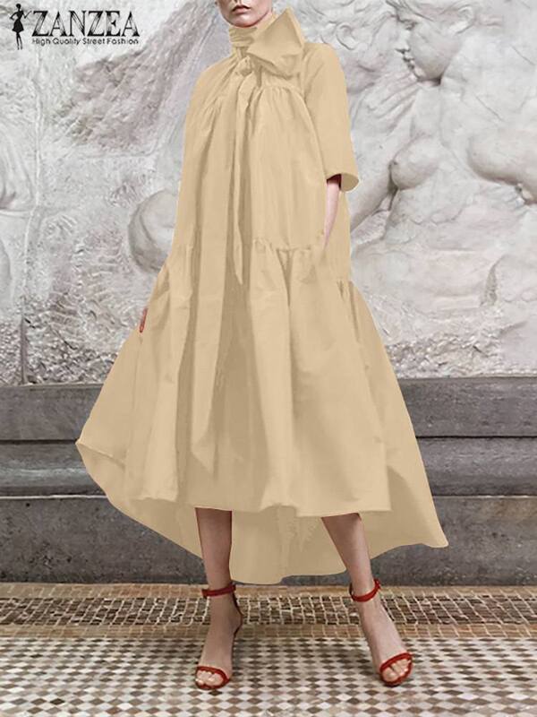 ZANZEA-패션 티어드 드레스, 여성 빈티지 보타이 넥 하프 슬리브 미디 베스티도 2023 여름 하이 로우 헴 파티 a-라인 드레스