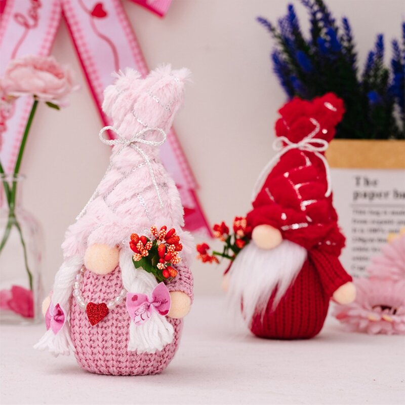 Kerajinan buatan tangan Hari Valentine boneka tanpa wajah topi mewah dapat digunakan kembali bersinar boneka Gnome lembut payet