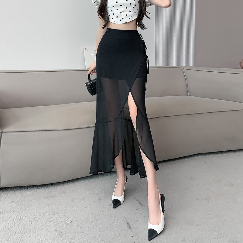 Женская одежда, Новинка лета 2024, тонкие элегантные модные однотонные простые удобные Лоскутные Повседневные газовые юбки в Корейском стиле