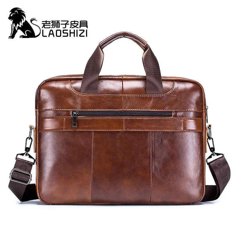 LAOSHIZI New Men's Genuine Briefcase Business Leisure Handbag Cowhide Leather Multifunctional Computer Shoulder Bag