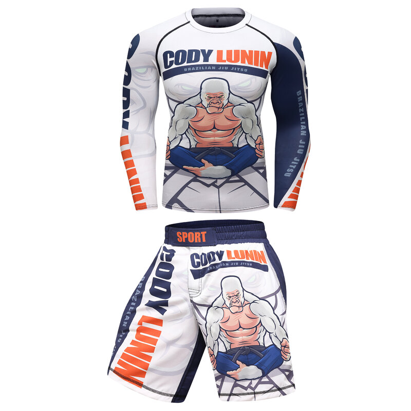 Conjunto de uniforme de compresión para hombre, ropa con estampado de sublimación MMA Bjj Rash Guarad, mallas, pantalones cortos Muay Thai, sin Gi, para gimnasio, gran oferta
