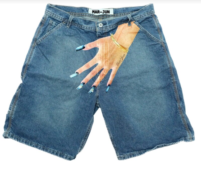 Harajuku Y2K spodnie męskie wycięcie w kształcie dłoni grafika Streetwear niebieskie w stylu Retro luźne jeansowe spodenki gimnastyczne gotyckie spodnie dresowe odzież męska