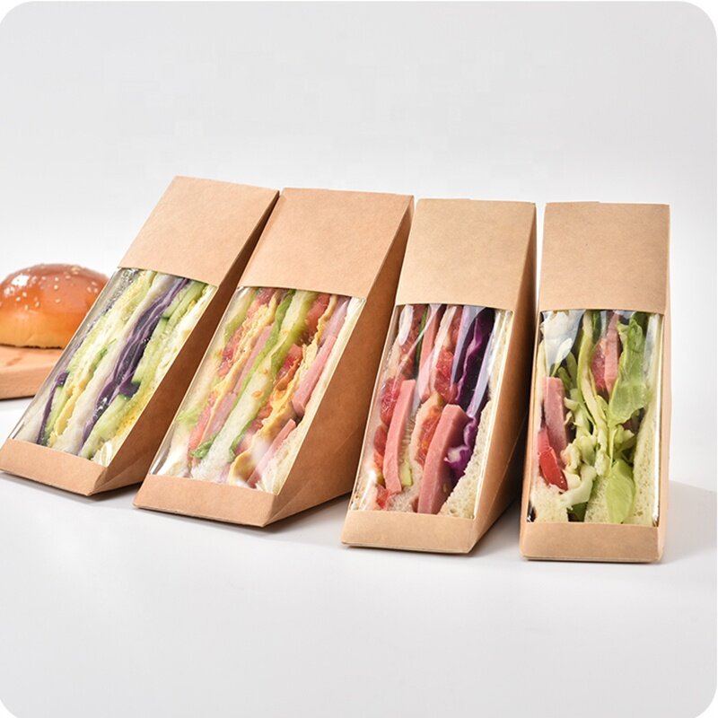 Customized productCustom Design Kraft Paper wedge shaped Sandwich Box with window