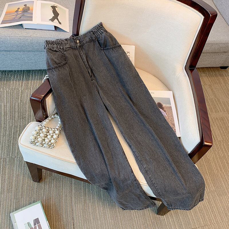 Jeans feminino simples, preto e azul, calça casual reta, jeans de cintura elástica, plus size, 6XL, primavera