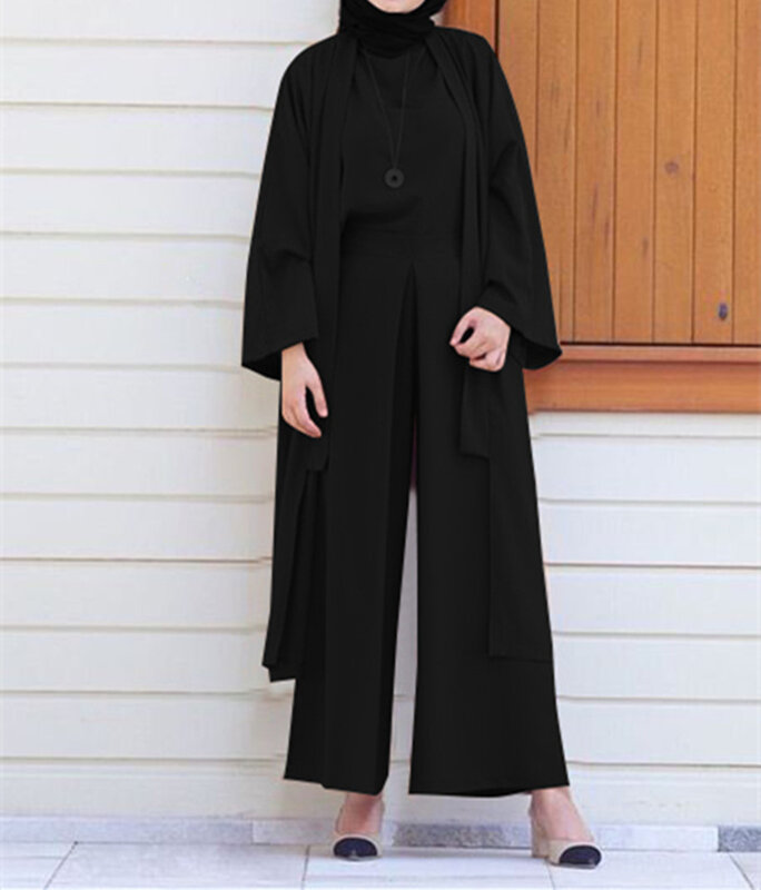 Kimono Muslim fesyen kardigan Abaya Ramadan Dubai Turki gaun Lebaran longgar Islami nyaman Set 2 potong pakaian wanita
