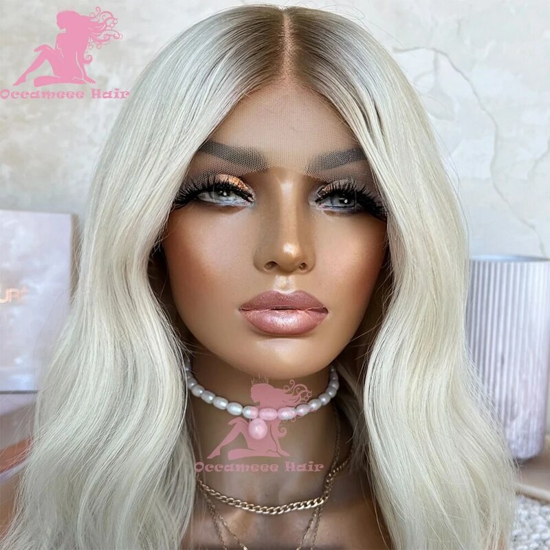 Ombre Ash Blonde Glueless Human Hair Lace Frontal Bob Cut Wig Transparent 13x4 Lace Front Wigs Pre Plucked Brazilian Dark Root C