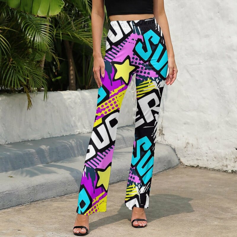 Kolorowe spodnie z Graffiti z nadrukiem literowym spodnie z rozbłyskami letnie damskie graficzne obcisłe spodnie Streetwear