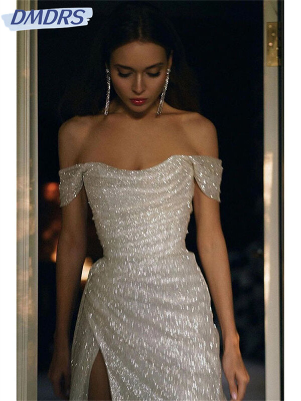 Gaun malam Super seksi bahu terbuka berkilau 2023 gaun pesta Prom Formal panjang sederhana berkilau jubah De Soiree