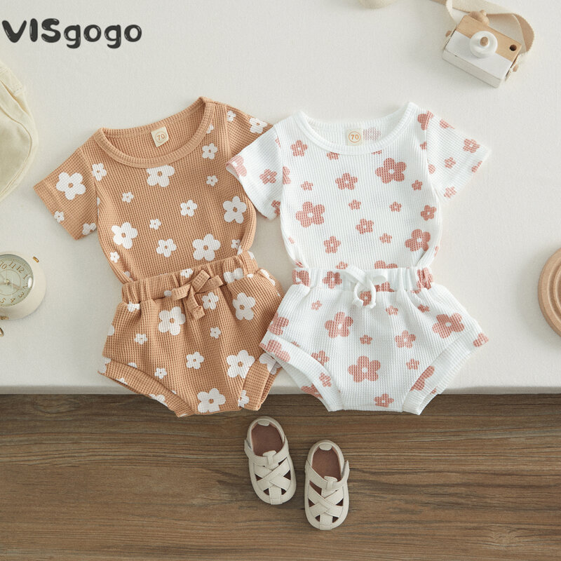 VISgogo-반팔 와플 니트 플로럴 프린트 티셔츠 드로스트링 반바지 세트 여아용, 2 개입, 여름 의상, 0-18 개월