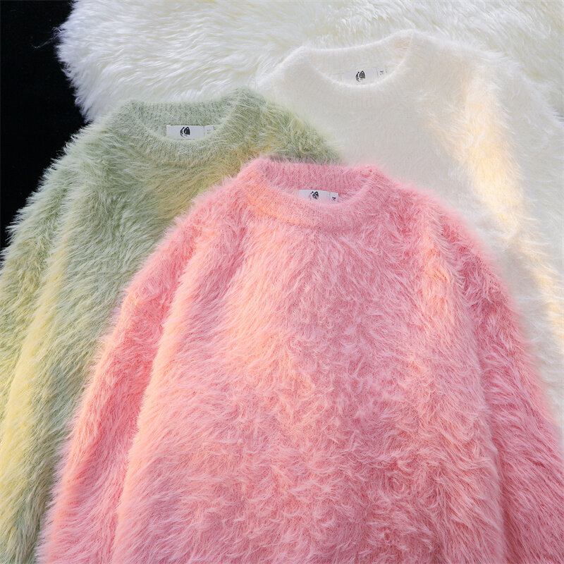 Мужской трикотажный пуловер оверсайз, Однотонный свитер с круглым вырезом и длинным рукавом, теплая кофта, Осень-зима 2023