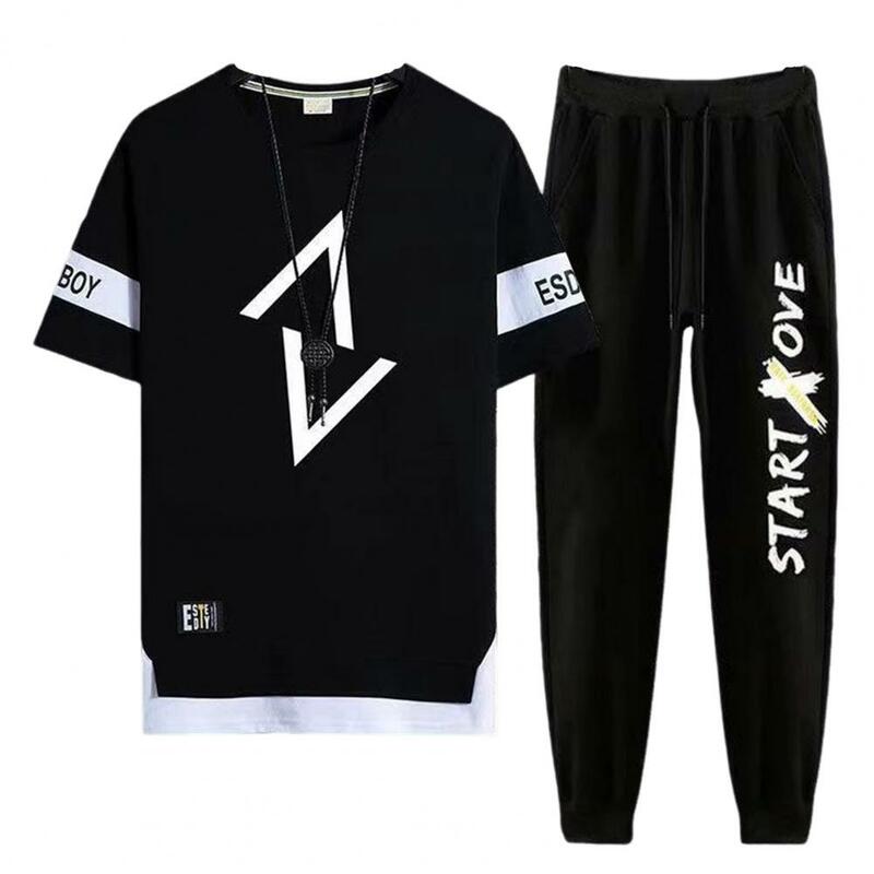 Conjunto Sportswear de secagem rápida masculino, camiseta casual com impressão letra, moletom de perna larga, roupa esportiva elástica