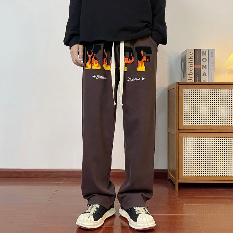 American Straight Trousers Men's Graffiti Print Design Casual Wide-leg Pants Y2k High Street Tide Brand Loose Sports Trousers