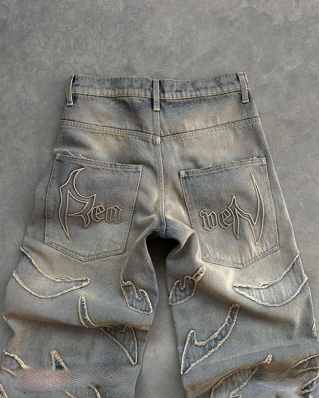 Y2k Retro Street Raw Edge ricamo Jeans strappati larghi uomo Hip Hop Pattern Patchwork Wash Denim pantaloni donna Streetwear abbigliamento