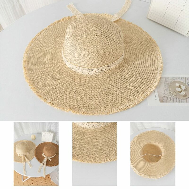 Topi jerami pelindung UV, topi matahari pantai bersirkulasi udara tepi lebar simpul kupu-kupu modis musim panas