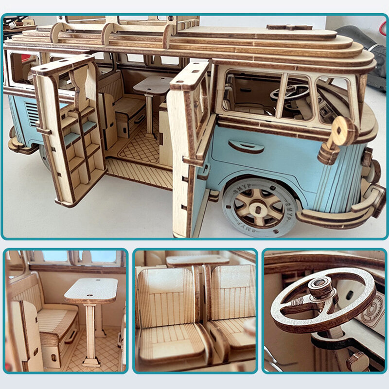 DIY 수동 조립 모델 자동차 나무 레트로 버스, 3D 퍼즐 캠핑카 밴, 교육용 장난감, 어린이 선물, 가정 방 장식