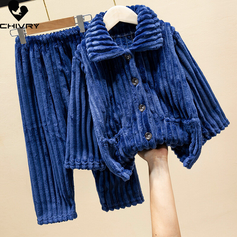 Conjunto de pijama cálido de lana de Coral suave para niños y niñas, Tops con solapa y pantalones, ropa de dormir, otoño e invierno, 2022