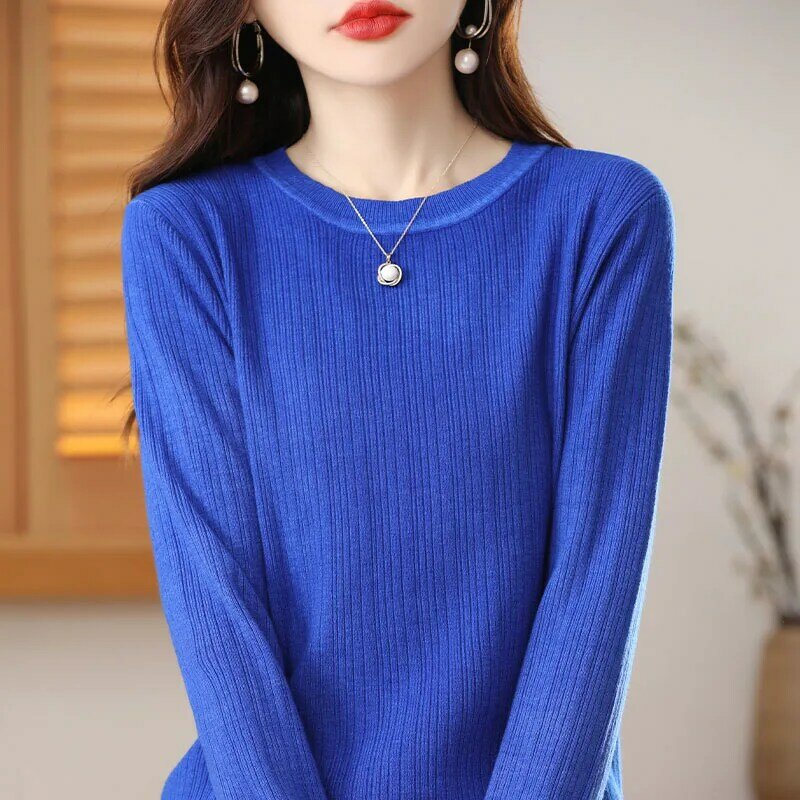 Kemeja rajut lengan panjang leher bulat, Sweter Pullover wanita dengan warna Solid dan musim semi musim gugur