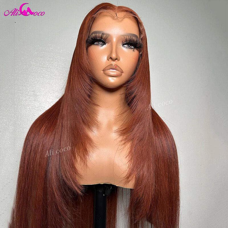 Peluca de cabello humano liso para mujer, postizo de encaje Frontal transparente, color marrón rojizo, 13x4