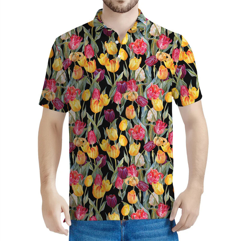 メンズ半袖ポロシャツ,カラフルな花柄とチューリップパターンのTシャツ,3D花柄の半袖,ストリートボタン,特大の夏