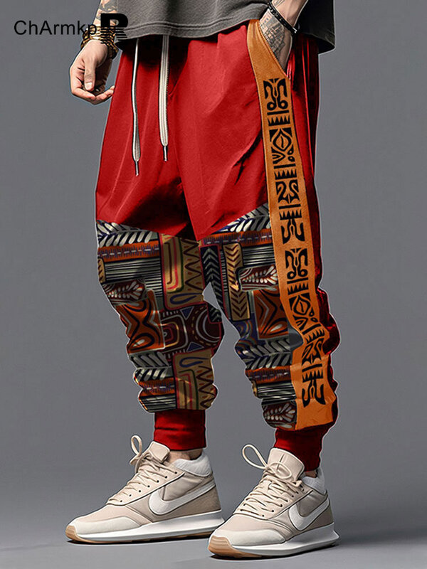 Charmkpr-Calça de moletom estampado casual masculino, calças de cintura solta com cordão, calças compridas, streetwear de moda extragrande, 2024
