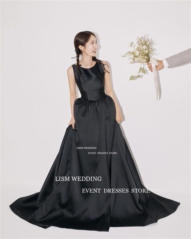 Gaun malam hitam Korea leher O LISM gaun acara Prom tanpa lengan pengambilan foto pernikahan Satin gaun pesta punggung terbuka kustom