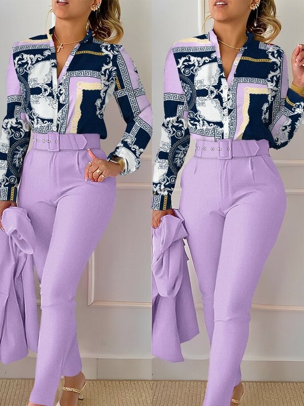 Elegant Women Printed Two Piece Suit Sets Autumn Winter V Neck Long Sleeve Shirt Top & Long Pants Set With Belt Workwear Outfits