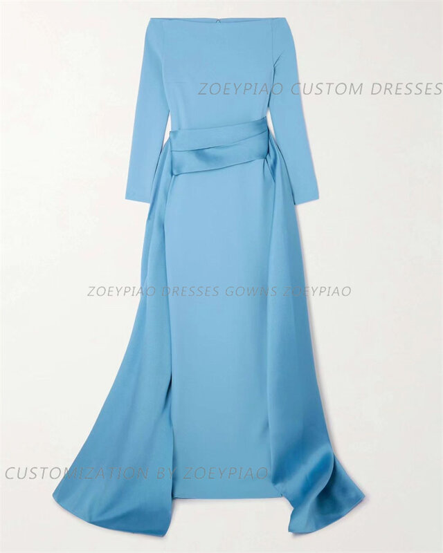 Vestido feminino azul-celeste, manga comprida, seda, cetim, sereia, vestido formal de formatura, até o chão, vestidos de festa