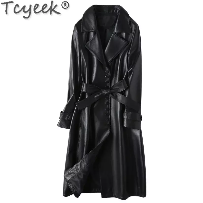 Tcyek 여성용 정품 가죽 재킷, 진짜 양가죽 중간 길이 재킷, 슬림핏 트렌치 코트, 여성 의류, 2023 용수철 가을