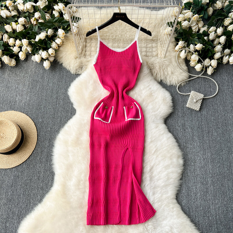 Chicsweet Knit Elastic Bodycon Split slip Dress Sexy  Fashion Beach Vacation Sundress Women Casual Slim Pencil Vestidos