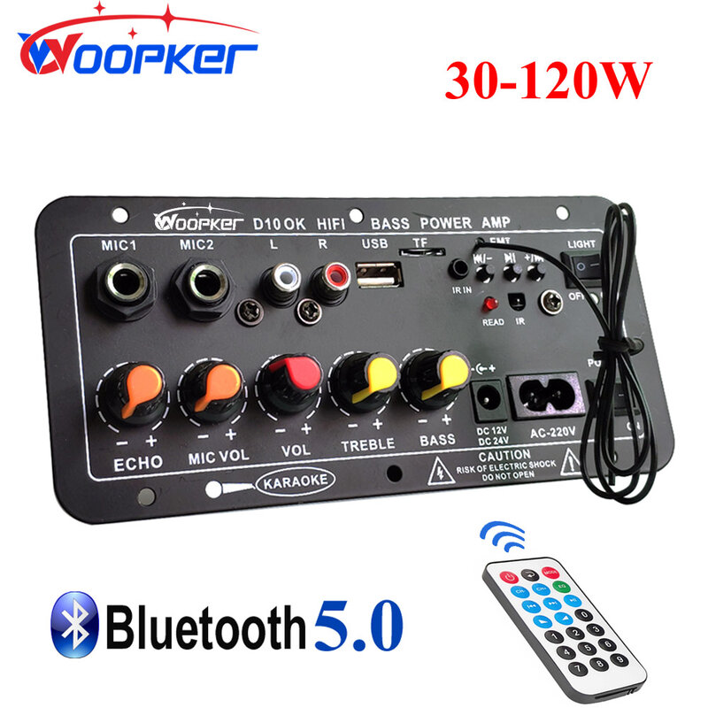 Woopker-placa amplificadora de Audio, amplificador Subwoof de 30-120W con micrófono Dual y Bluetooth para altavoz de 4ohm, 12V, 24V, 110V y 220V