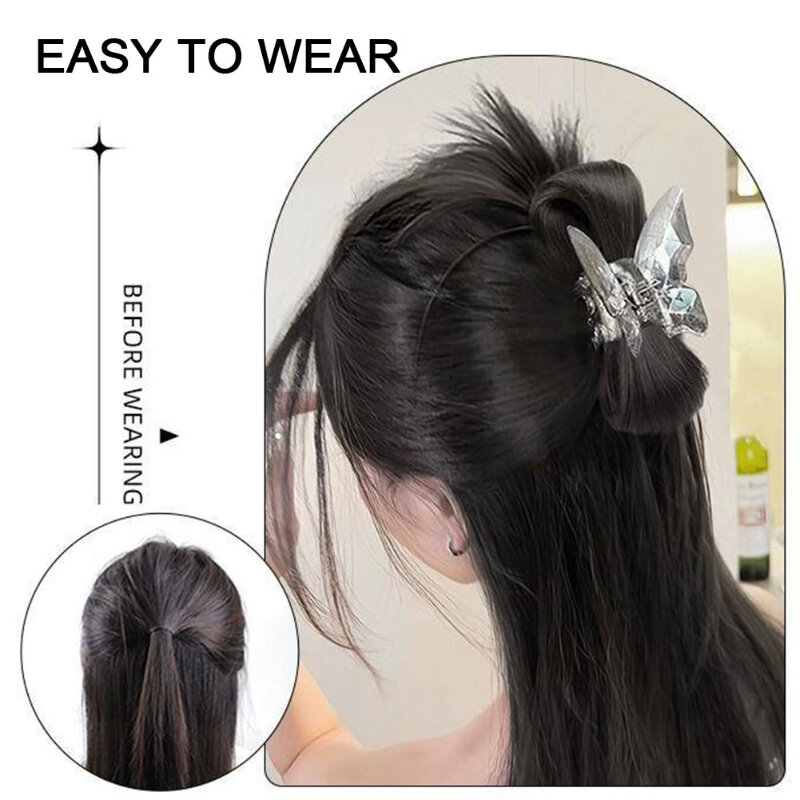 Butterfly Hair Claw Wig Clip Bun Synthetic Fake Hair Extension Straight Buns with Claw Updo Ball Head Wig Hairpiece for Woman