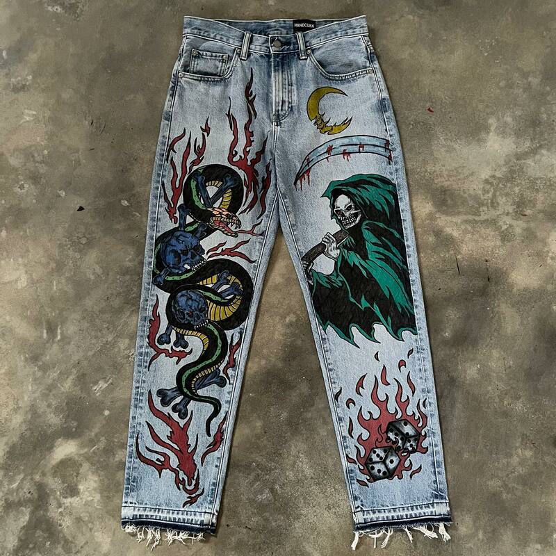 Джинсы-багги в стиле хип-хоп с принтом аниме Death, джинсы в стиле Харадзюку, брюки из денима Y2k, женские и мужские готические Широкие штаны с высокой талией