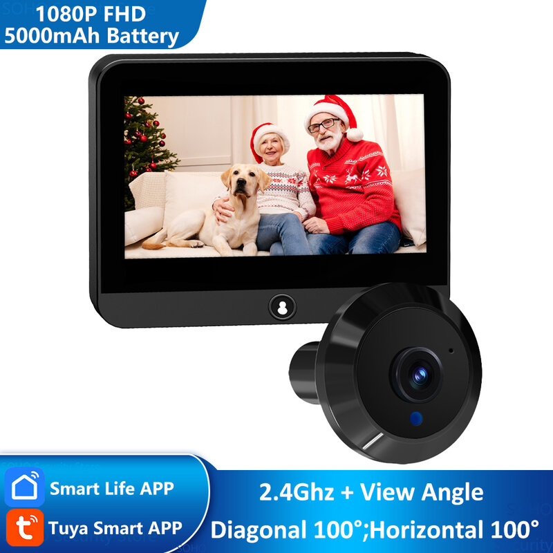 Mini sonnette numérique noire 1080P Tuya Smart Life, 4.3 pouces, visionneuse, judas, caméra vidéo de porte, WiFi IR, Vision nocturne 940nm