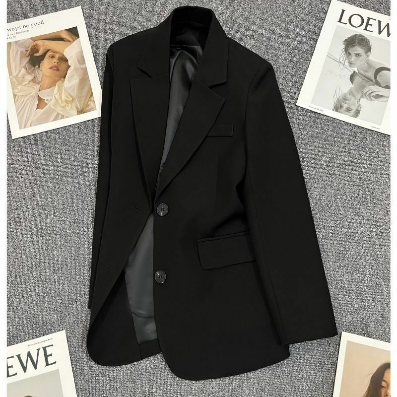 Jas hujan wanita, Blazer warna Solid Korea Khaki longgar musim gugur gaya kuliah kasual setelan hitam pakaian kantor pakaian bisnis jaket