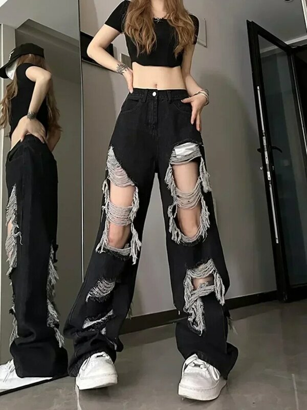 Jeans sobek pinggang tinggi untuk wanita, celana panjang Denim kasual, celana Harajuku modis, hitam, Y2k, 2024