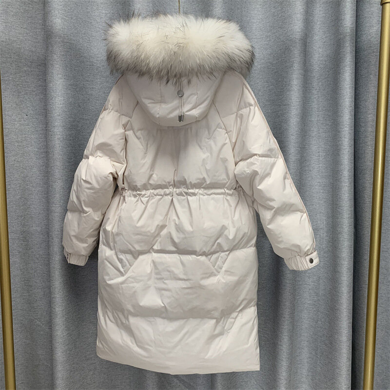 Mid Length Down Jacket with Plush Collar for Women's Knee Length Thick Drawstring Insulation Jacket