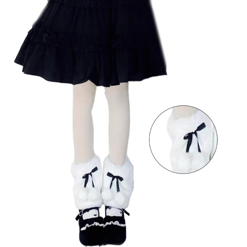Japanese JK Girls Winter Thickened Fuzzy Short Leg Warmers Socks Women Plush Ball Bowknot Boot Cuffs Foot Covers Dropship
