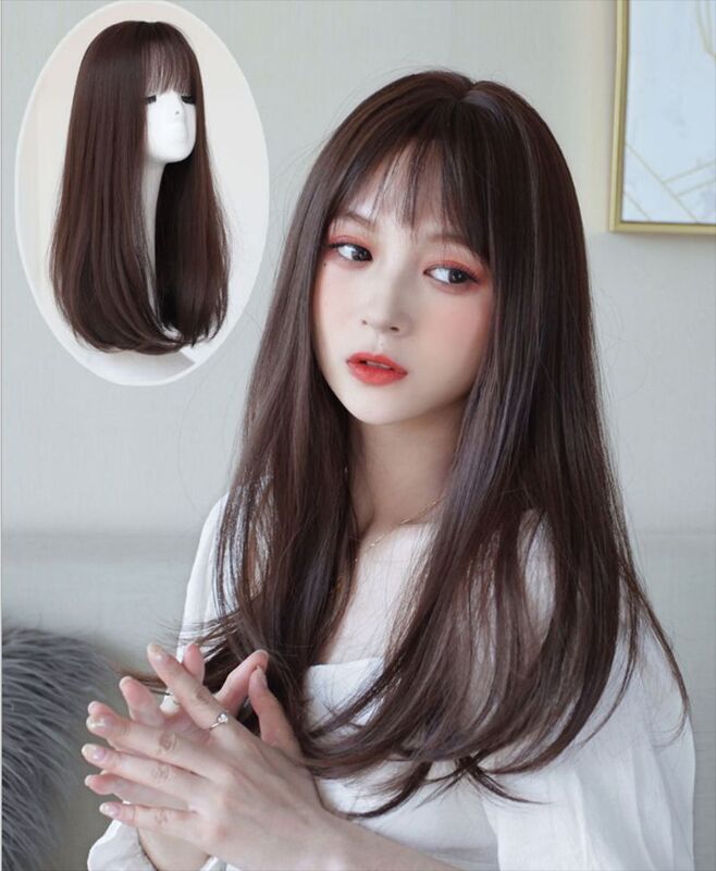 Women's Bangs Straight Hair Wig Women's Medium Length Slim Face Hair Lolita Natural Look Wig Synthetic Heat Resistant Wig Party