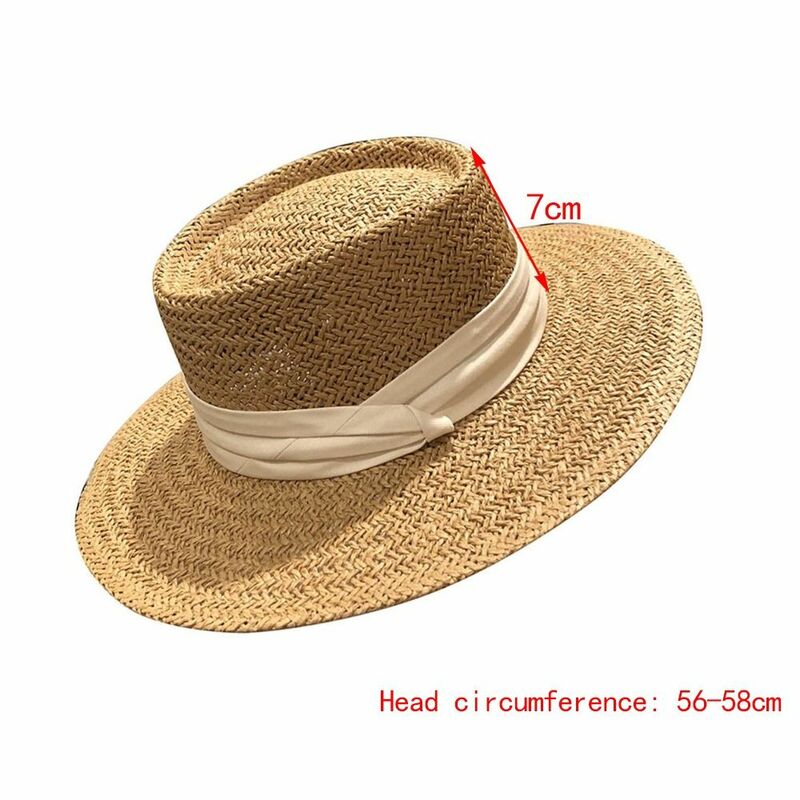 Topi pantai Panama wanita, topi jerami musim panas, topi matahari Panama bersirkulasi atas datar untuk wanita