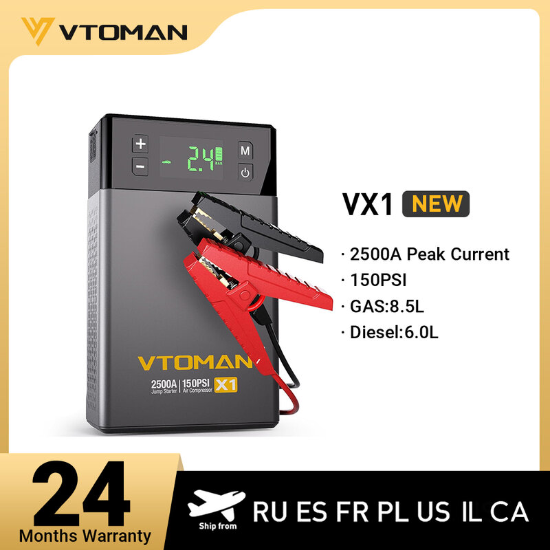 VTOMAN-carro Jump Starter com compressor de ar, portátil Power Bank, 150 PSI, dispositivo de partida para gasolina, Diesel, 8.5L, 6.0L